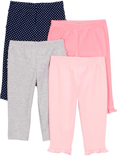 Simple Joys by Carter's Pacote com 4 calças para bebês meninas, Rosa coral/cinza/bolinhas marinhas/rosa, 3-6 Meses