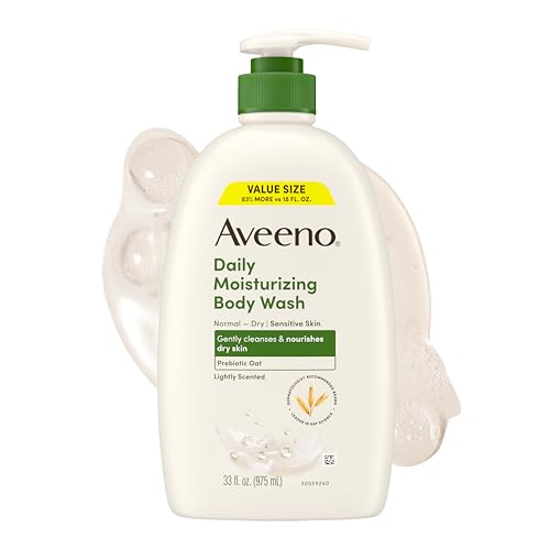 Aveeno Daily Moisturizing Body Wash for Women and Men for Dry & Sensitive Skin, Paraben, Soap & Dye-Free, Gentle Shower Cleanser, Dermatologist Recommended Brand, Lightly Scented, 33 Fl Oz