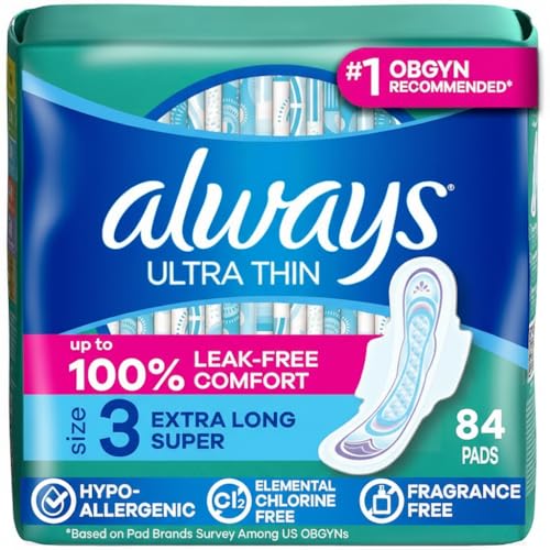 Always Ultra Thin Pads with Wings, Size 3, Extra Long Super, 84 Count (3 Packs of 28)