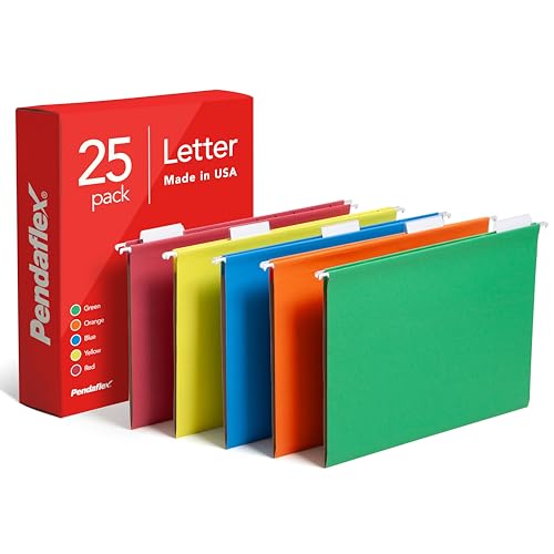 Pendaflex Hanging File Folders, Letter Size, Assorted Colors, 1/5-Cut Adjustable Tabs, 25 Per Box (81663)