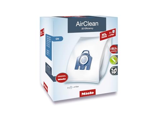 Miele Original AirClean 3D Efficiency GN Vacuum Cleaner Bags for Miele Complete C2/C3, Classic C1, and S8/S5/S2 Models, Filters More Than 99.9% of Dust, XL Pack of 8 – 10455150