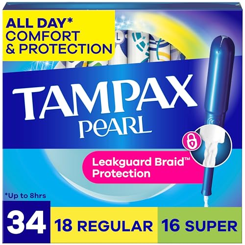 Tampax Pearl Tampons for Women Multipack, with LeakGuard Braid, Regular/Super Absorbency, Unscented, 34 Count