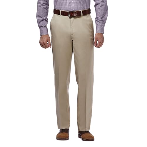 Haggar mens Premium No Iron Khaki Classic Fit Expandable Waist Flat Front Casual Pants, Khaki, 34W x 32L US