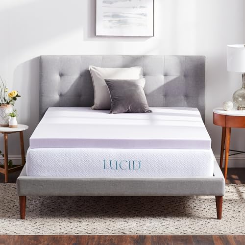 Lucid 3 Inch Lavender Memory Foam Mattress Topper, Queen Size – Essential Oil Infusion – Deep Plush Feel, Pressure-R