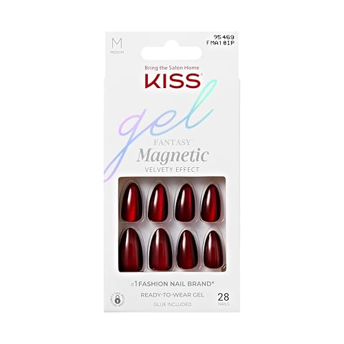 KISS Gel Fantasy Magnetic Press On Nails Almond, Solid Red, Medium Length, 28 Fake Nails, Pink Gel Nail Glue (Net Wt. 2 G / 0.07oz.), Manicure Stick, and Mini Nail File
