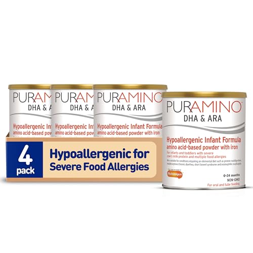 PurAmino Hypoallergenic Infant Drink, for Severe Food Allergies, Omega-3 DHA, Iron, Immune Support, Powder Can, 14.1 Oz (4 Count)