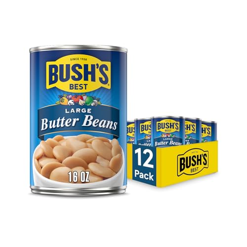 BUSH'S BEST 16 oz Canned Large Butter Beans, Source of Plant Based Protein and Fiber, Low Fat, Gluten Free, (Pack of 12)