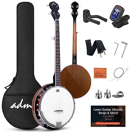 ADM 5-String Banjo 38 in with Resonator Remo Head Starter Kit Brown