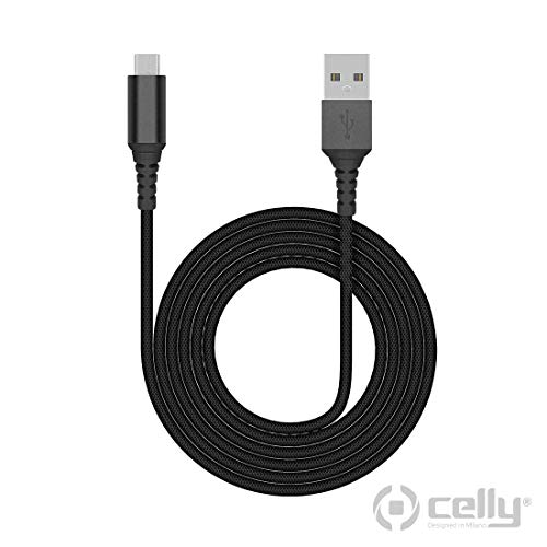 Celly USB Type A to Micro USB Data and Charging Cable, Turbo Charge Compatible, Nylon Braided and Heavy Duty Protection, Ultra-Resistant Cable with Al