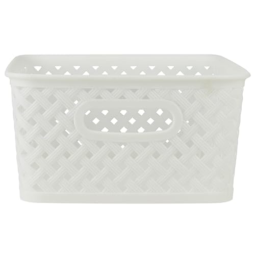 Simplify Small Resin Wicker Tote | Storage Bin | Plastic Organizer | Carrying Handles | Bathroom | Pantry | Accessories | Cleaning Products | White
