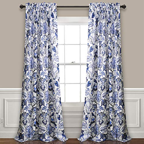 Lush Decor Cynthia Jacobean Light Filtering Window Curtain Set, 84" L Panel Pair, Blue, 2 Count