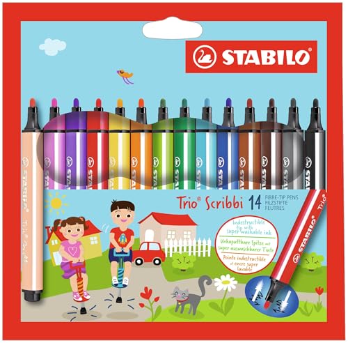 STABILO - Onverwoestbare viltstift met meeverende punt - Trio Scribbi - Etui met 14 kleuren | verpakking van 14 : STABILO