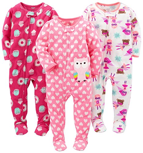 Simple Joys by Carter's Pijama de lã resistente a chamas com pés para meninas, Donut/corações/super-herói, 12 Meses