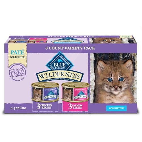 Blue Buffalo Wilderness Kitten Food, High-Protein & Grain-Free Wet Cat Food Paté Variety Pack, Chicken & Salmon Recipes, 3-oz Cans (6 Count, 3 of Each)