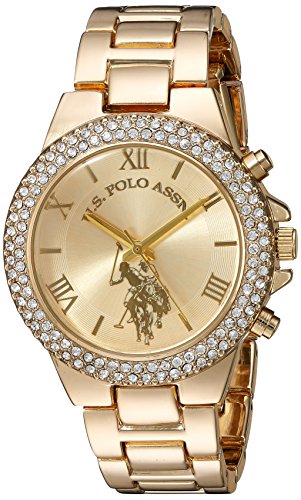 U.S. Polo Assn. Women's Analog Watch – Gold-Tone Dial with Crystal-Embellished Bezel and Stainless Steel Bracelet – Elegant, Durable, and Adjustable Fit for Wrists 5.5" to 8"