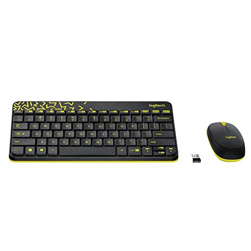 Logitech MK240 Nano Wireless USB Keyboard and Mouse Set, 12 Function Keys 2.4GHz Wireless, 1000DPI, Spill-Resistant Design, PC/Mac, Black/Chartreuse