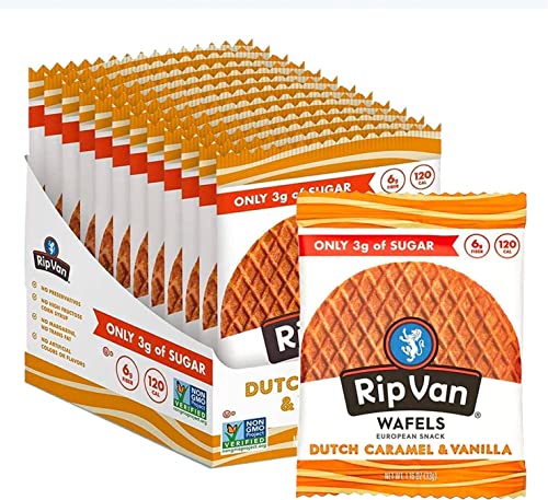 Rip Van Wafels Dutch Caramel & Vanilla Stroopwafels, Healthy Snacks, Non-GMO, Low Calorie, Low Sugar (3g), Office Snacks, Keto Friendly, 12 Count