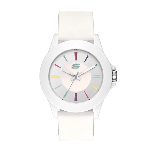 Skechers Relógio esportivo casual feminino Rosencrans de quartzo médio de plástico e silicone, Branco multi, Relógio analógico