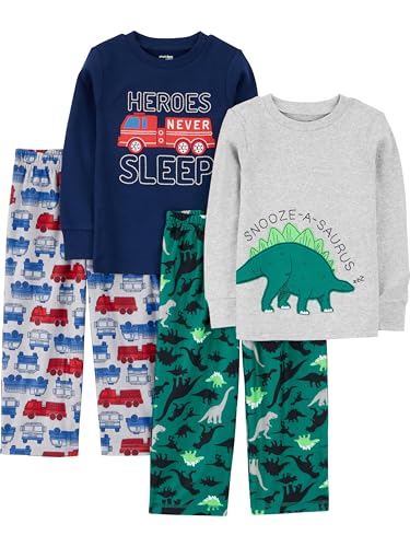 Simple Joys by Carter's Boys' 4-Piece Pajama Set (Cotton Top & Fleece Bottom), Grey/Green Dinosaur/Firetruck/Heroes, 5T