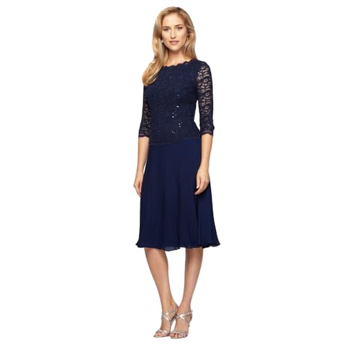 Alex Evenings Women's Tea Length Embroidered Bodice Mother of The Bride Gown, Wedding Guest Dress, Navy, 6