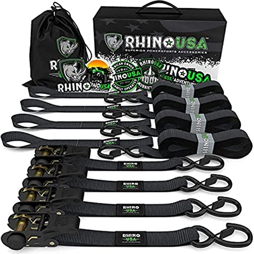 Rhino USA Ratchet Straps Tie Downs (4-Pack) - 1 Inch x 15 Feet (1,823lb Break Strength) - Ultimate Tie Down Straps with Safety S Hooks - for Trucks, Cargo, Moving, Appliances - Black