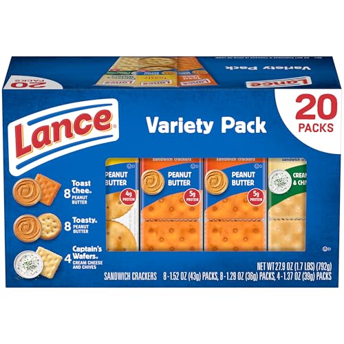 Lance Sandwich Crackers, Variety Pack, 3 Flavors, 20 Individually Wrapped Packs, 6 Sandwiches Each