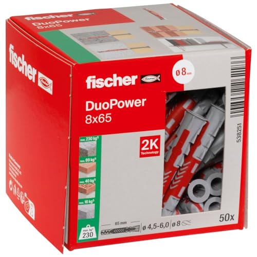 (-38%) fischer DuoPower 8 x 65, Universaldübel, leistungsstarker 2-Komponenten-Dübel, Kunststoffdübel zur Befestigung in Beton, Ziegeln, Stein, Gipsbauplatten uvm., ohne Schrauben, 50 Stück