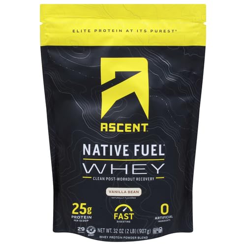 Ascent 100% Whey Protein Powder - Post Workout Whey Protein Isolate, Zero Artificial Flavors & Sweeteners, Soy & Gluten Free, 5.5g BCAA, 2.6g Leucine, Essential Amino Acids, Vanilla Bean 2 lb
