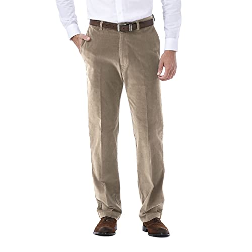 Haggar Men's Corduroy Expandable Waist Straight Fit Flat Front Pant, Khaki-Classic, 44x30