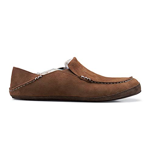 OLUKAI Moloa Slipper, Men's Premium Leather Slip-On Shoes, Soft Genuine Shearling Lining & Gel Insert, Drop-In Heel & All-Day Comfort, Toffee/Dk Wood, 9