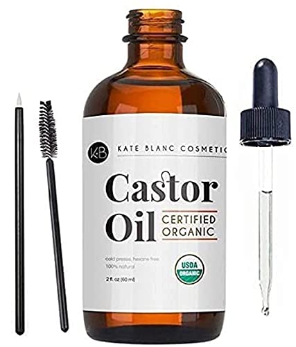 Kate Blanc Cosmetics Castor Oil Organic for Hair, Lashes, Face (2oz), 100% Pure, Cold Pressed, Hexane Free. Eyelash Serum for Thicker-Looking Eyelashes & Eyebrows