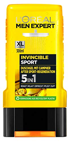 L'Oréal Men Expert Invincible Sport Duschgel, mit Zitrusduft reinigt Gesicht, Körper und Haare ohne auszutrocknen regeneriert Muskeln nach Sport (3 x 300 ml)