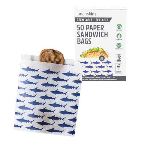Lunchskins Recyclable & Sealable Paper Sandwich Bags – 50 Count | Shark Design | Eco-Friendly Grease-Resistant Glassine Snack Bags with Self-Adhesive Closure for Freshness