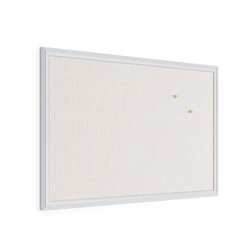 U Brands Farmhouse Linen Bulletin Board, 30" x 20", White Wood Style Frame, Includes Push Pins