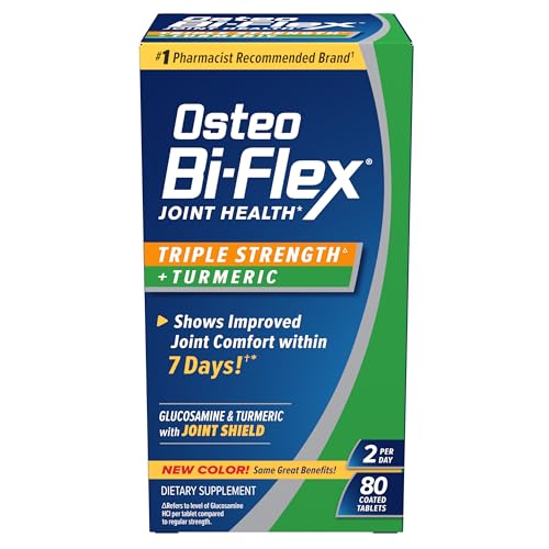 Osteo Bi-Flex Glucosamine Triple Strength Plus Turmeric Supplement with Curcumin for Joint Support and Range of Motion, 40 Day Supply, 80 Coated Tablets, Joint Health Nutritional Supplements