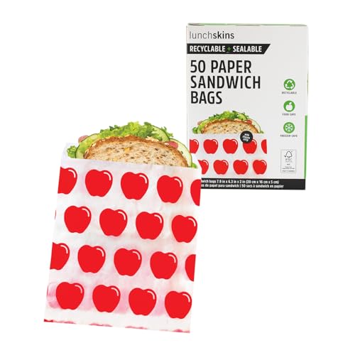 Lunchskins Paper Sandwich Bags – 50 Count | Sealable, Recyclable & Grease-Resistant Disposable Snack Bags for Kids & Adults | Self-Adhesive Closure for Freshness – Eco-Friendly On-the-Go Food Storage
