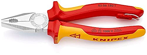 KNIPEX Combination Pliers Chrome-Plated Insulated with Multi-Component Grips, VDE-Tested with Integrated Insulated Tether Attachment, 03 06 180 T