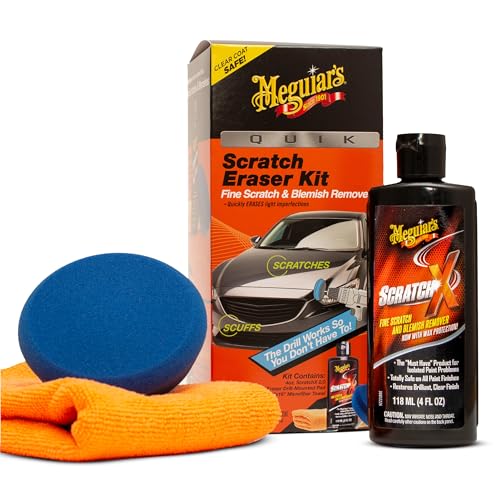 Meguiar's Quik Scratch Eraser Kit, Car Scratch Remover for Repairing Surface Blemishes, Car Care Kit with ScratchX, Drill-Mounted Pad, and Microfiber Towel, 4 Count