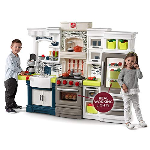 Step2 Elegant Edge Kids Kitchen Playset, Indoor/Outdoor Kitchenette, Interactive Play with Lights and Sounds, Made of Durable Plastic, Includes 78 Piece Toy Accessories, For Toddlers 3+ Years Old