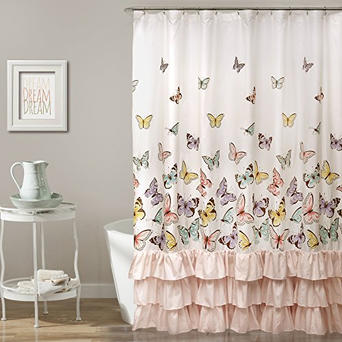 Lush Decor Flutter Butterfly Shower Curtain | Textured Ruffle Print Fabric Bathroom Decor, x 72”, Pink, Polyester, 72x72
