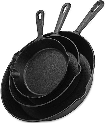 Utopia Kitchen Cast iron Skillets 3 Piece Set, Chefs Pan, Pre Seasoned Cast iron Skillets, 6, 8 & 10 Inches, Easy Use in the Oven, Stove, Grill, or Campfire, Black