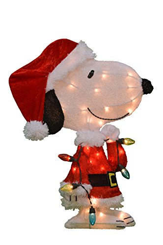 ProductWorks Peanuts Pre Lit 24 Inch Snoopy Santa Claus 2D Outdoor Indoor Christmas Lawn Yard Ornament Home Decoration with 35 Clear Lights and Stand