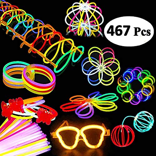 BUDI 467Pcs Glow Sticks - Halloween Party Favors Glow in the Dark Party Supplies for Kids Adults 4th of July Accessories Neon Decors Glowsticks Bulk 8 Inch & Connectors Necklace Bracelet Glasses