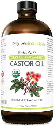 RejuveNaturals Castor Oil (16oz Glass Bottle) USDA Certified Organic, 100% Pure, Cold Pressed, Hexane Free. Boost Hair Growth for Thicker, Fuller Hair, Lashes & Eyebrows.