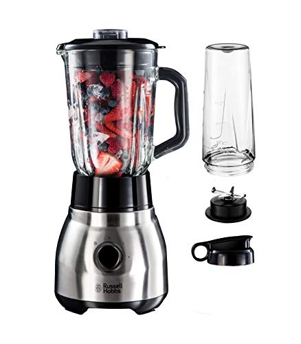 🔥 STARKER PREIS (-40%) Russell Hobbs Standmixer 2-in-1 [1,5l Glasbehälter Mixer & 0,6l Mini Smoothie Maker -to-go-Trinkflasche inkl. Deckel] Spülmaschinenfest, Impuls-/Ice-Crush Funktion, Becher BPA frei, Edelstahl 23821-56