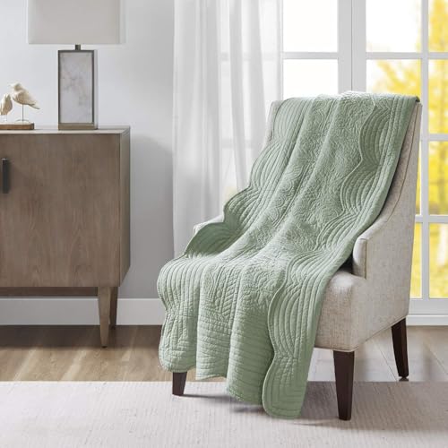 Madison Park Cotton Filled Spread, Ultra Soft, Cozy Living Room Couch, Sofa, Bed Luxe Quilted Throw Blanket-Damask Stitching Design, 60x72, Scalloped Edges Seafoam