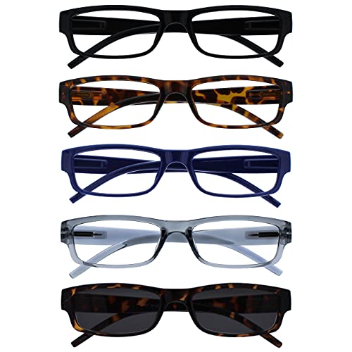 OPULIZE ACE Reading Glasses for Women Men, Lightweight Comfortable Narrow Rectangular Frame with Spring Hinges, Scratch Resistant, Black, Brown,Blue,Grey/Brown Sun +3