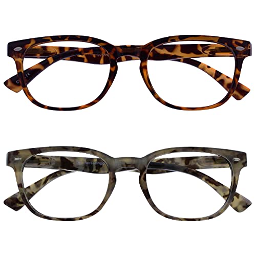 OPULIZE ORA Reading Glasses for Men Women - 2 Pack - Designer Style Rounded Frame - Scratch Resistant Lens - Spring Hinges - Brown & Grey Tortoiseshell +3.50
