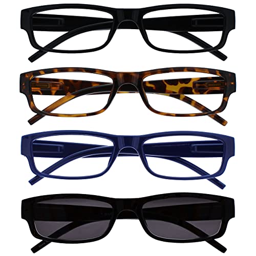 OPULIZE ACE Reading Glasses and Reading Sunglasses for Women Men, Lightweight Comfortable Narrow Rectangular Frame with Spring Hinges, Scratch Resistant, Black, Brown, Blue, Black Sun +2