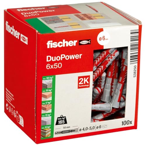 (-35%) fischer DuoPower 6 x 50, Universaldübel, leistungsstarker 2-Komponenten-Dübel, Kunststoffdübel zur Befestigung in Beton, Ziegeln, Stein, Gipskarton uvm., ohne Schrauben, 100 Stück